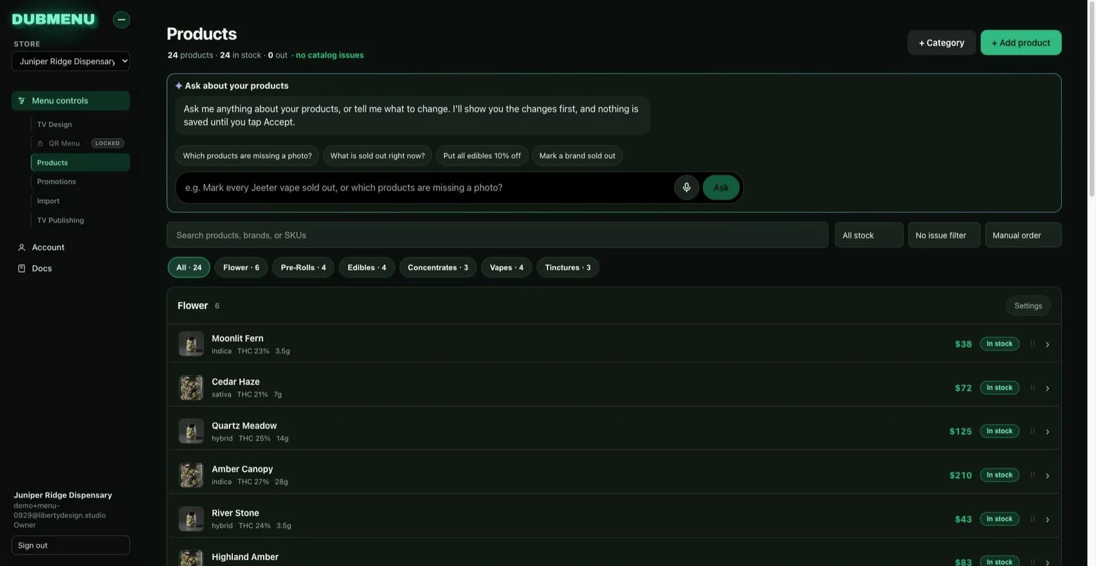 The DubMenu dashboard showing products, stock and prices